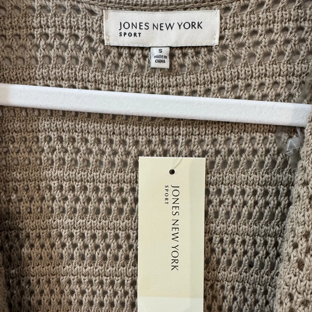 Jones New York Crochet Open-Front Short Sleeve Cardigan - Taupe